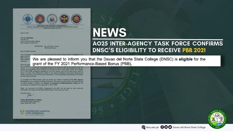 AO25 Inter Agency Task Force confirms DNSCs eligibility to receive PBB 2021
