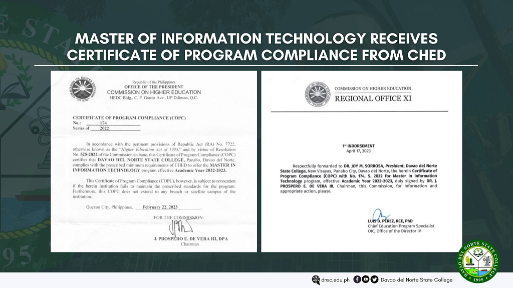 Master of information technology receives certificate of program compliance from ched