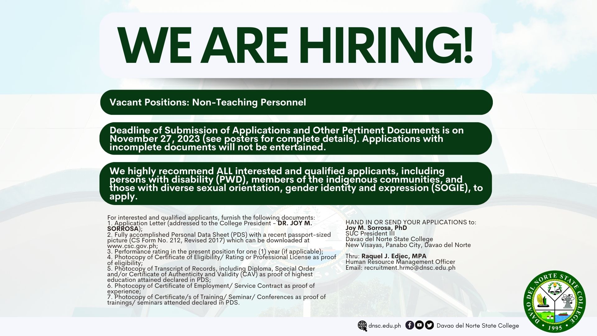 [HIRING] Non-teaching personnel. Hand in or email your applications ON OR BEFORE NOVEMBER 27, 2023.