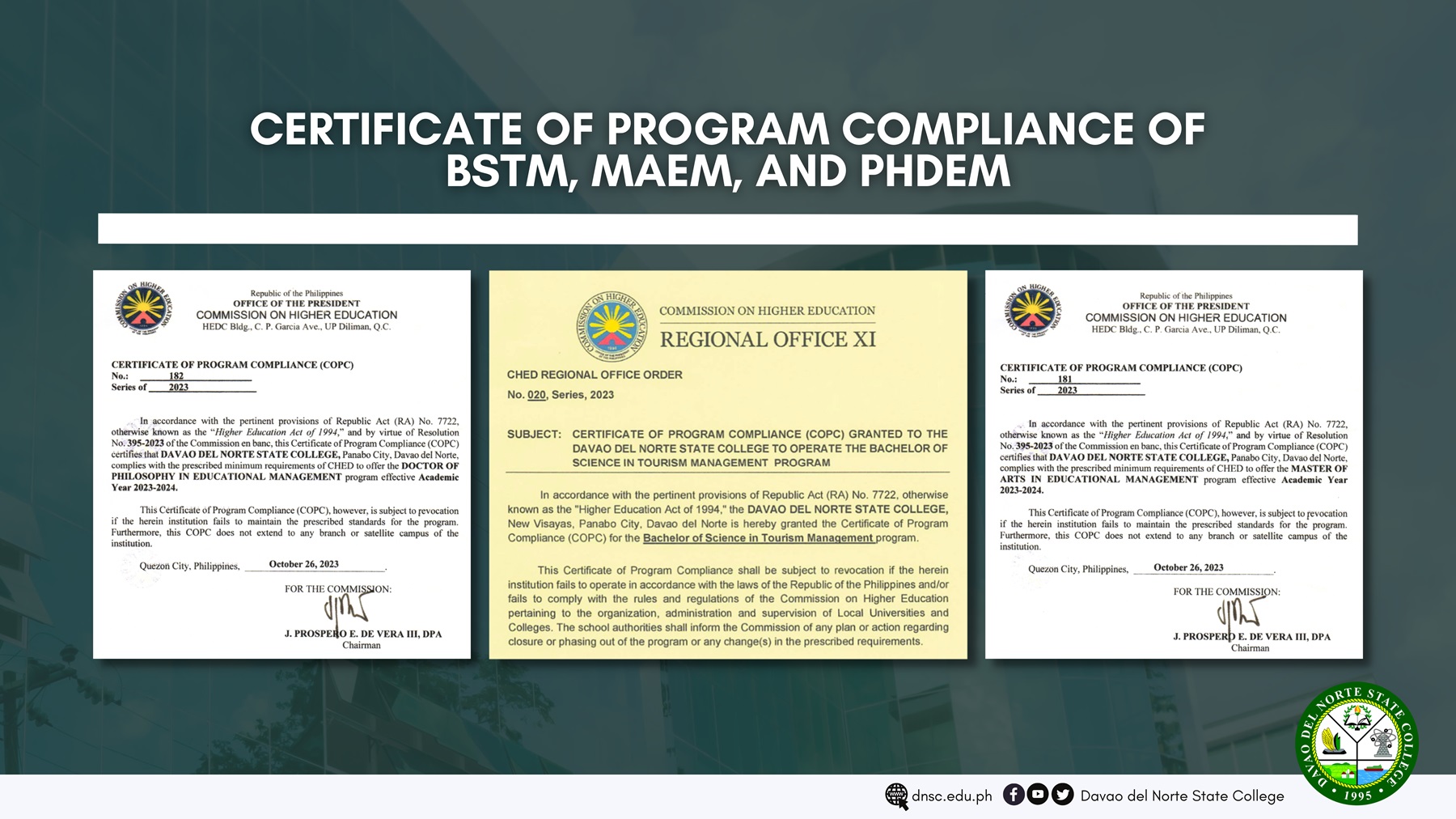Three DNSC programs receive Certificate of Program Compliance from CHED in Q4 2023