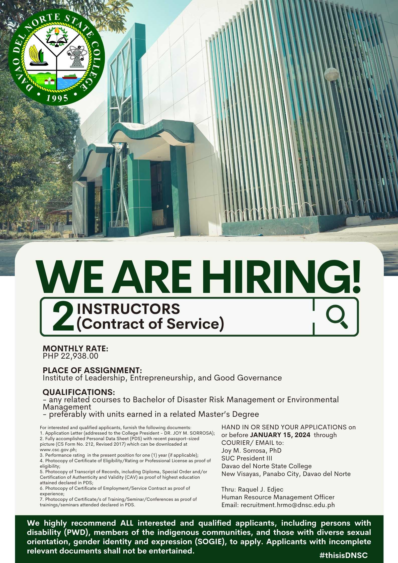 [Hiring] 8 Instructors (Contract of Service). Hand in or email your applications ON OR BEFORE JANUARY 15, 2024.