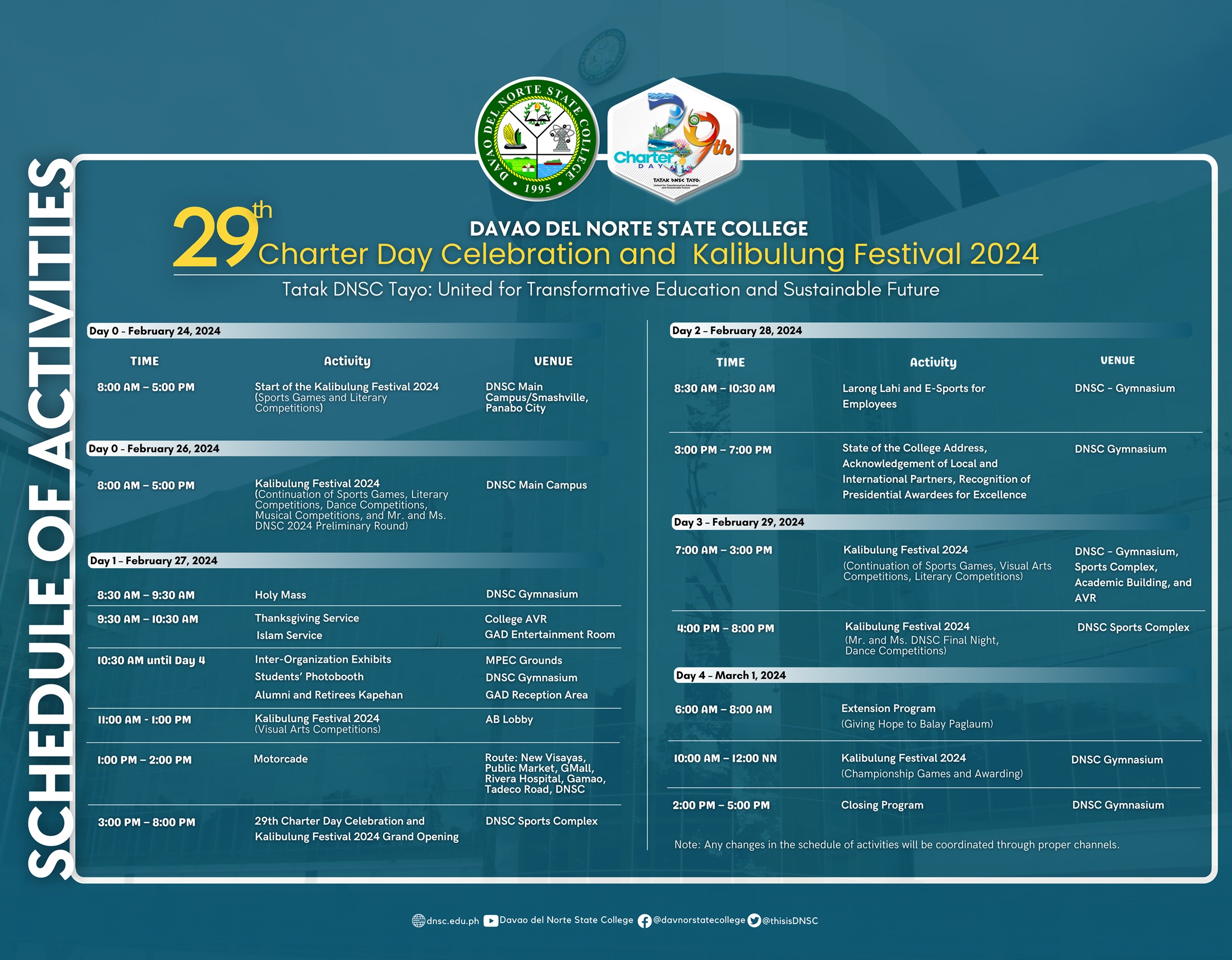 26th Charter Day Celebration and Kalibulung Festival 2024 Schedule
