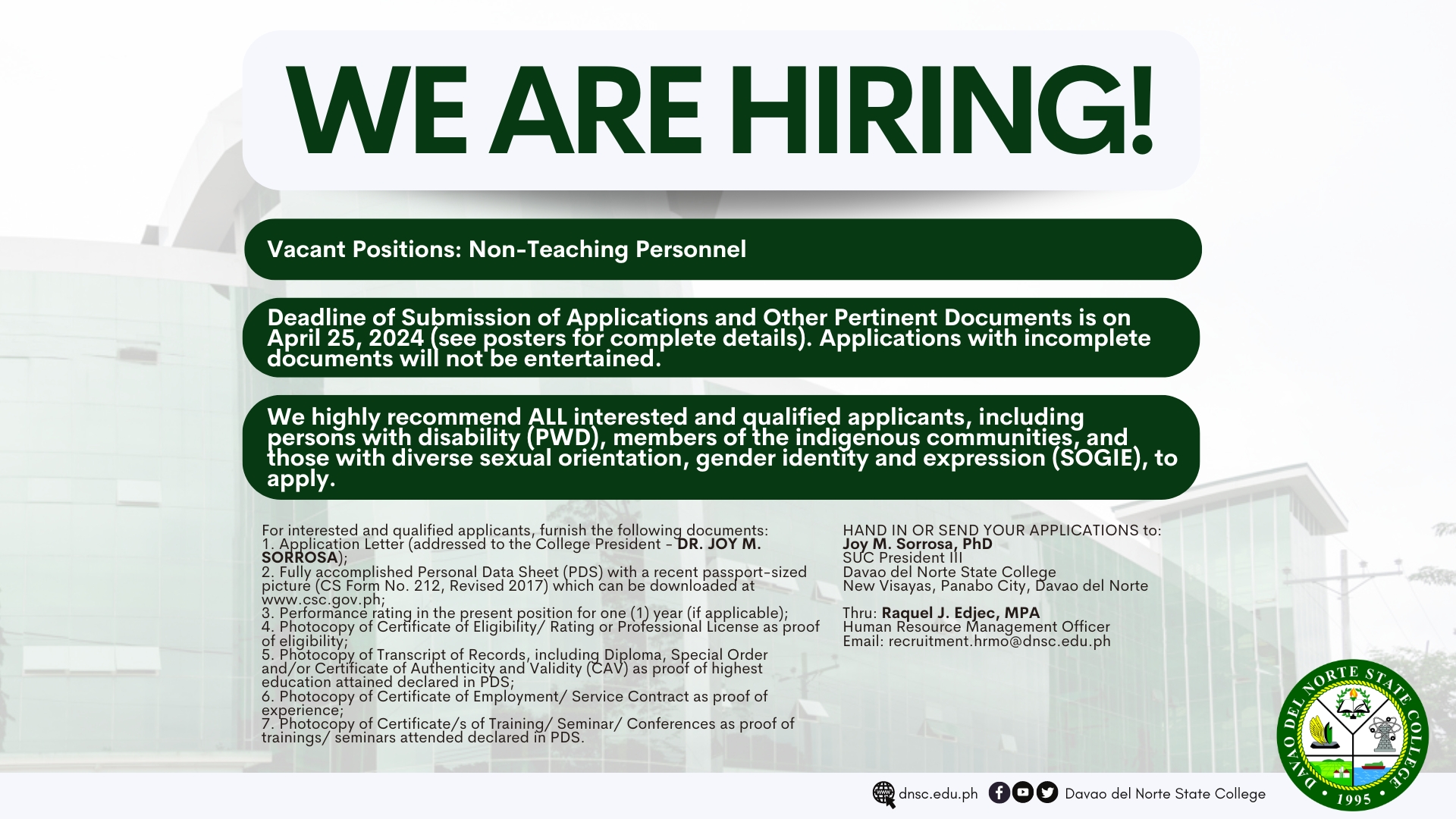 [HIRING] NON-TEACHING PERSONNEL. HAND IN OR EMAIL YOUR APPLICATIONS ON OR BEFORE APRIL 25, 2024.