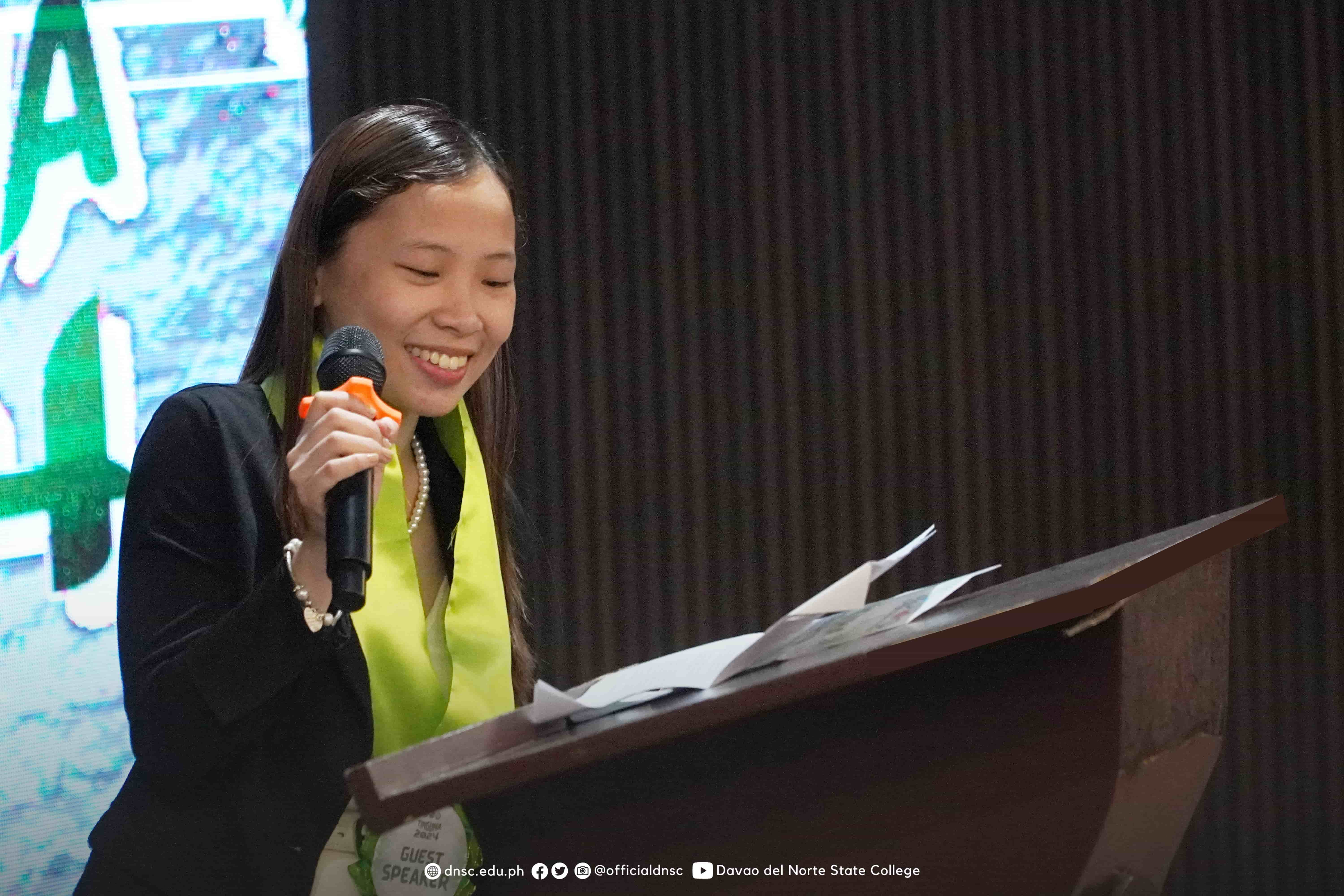 Mel Dorothy C. Cantoja, LPT, CHEM TECH, PFT – In her uplifting message to the graduating students and those completing their on-the-job training. Photo by: Randy Magayon, DNSC-PIO