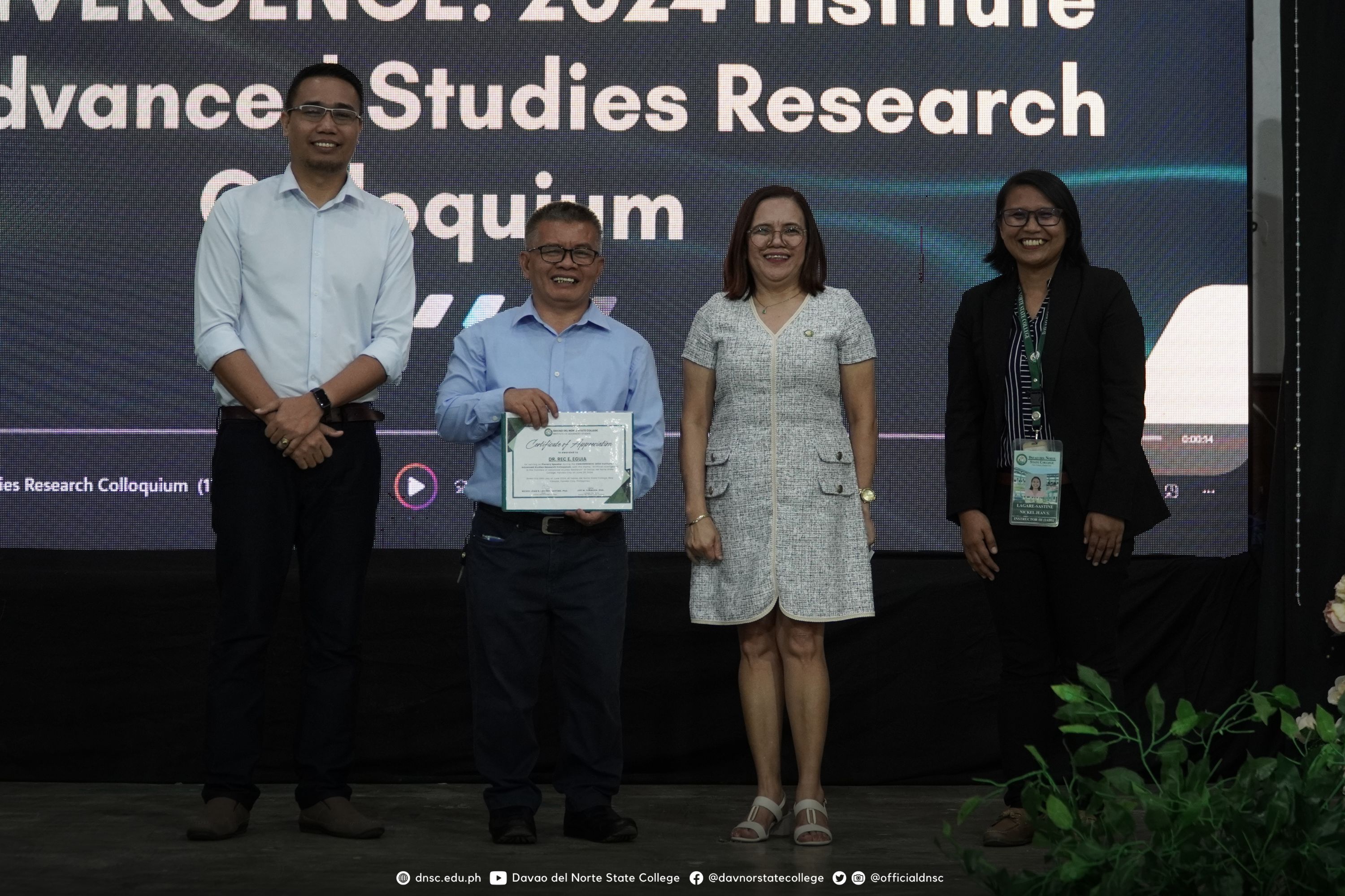 (From left) Dr. Eliseo F. Huesca Jr., Vice President For Research, Extension, And Production; Dr. Rec C. Eguia, Plenary Speaker; Nickel Jean I. Sastine, Dean, Institute of Advance Studies; Dr. Joy M. Sorrosa, College President. Photo by Randy Magayon, DNSC PIO.