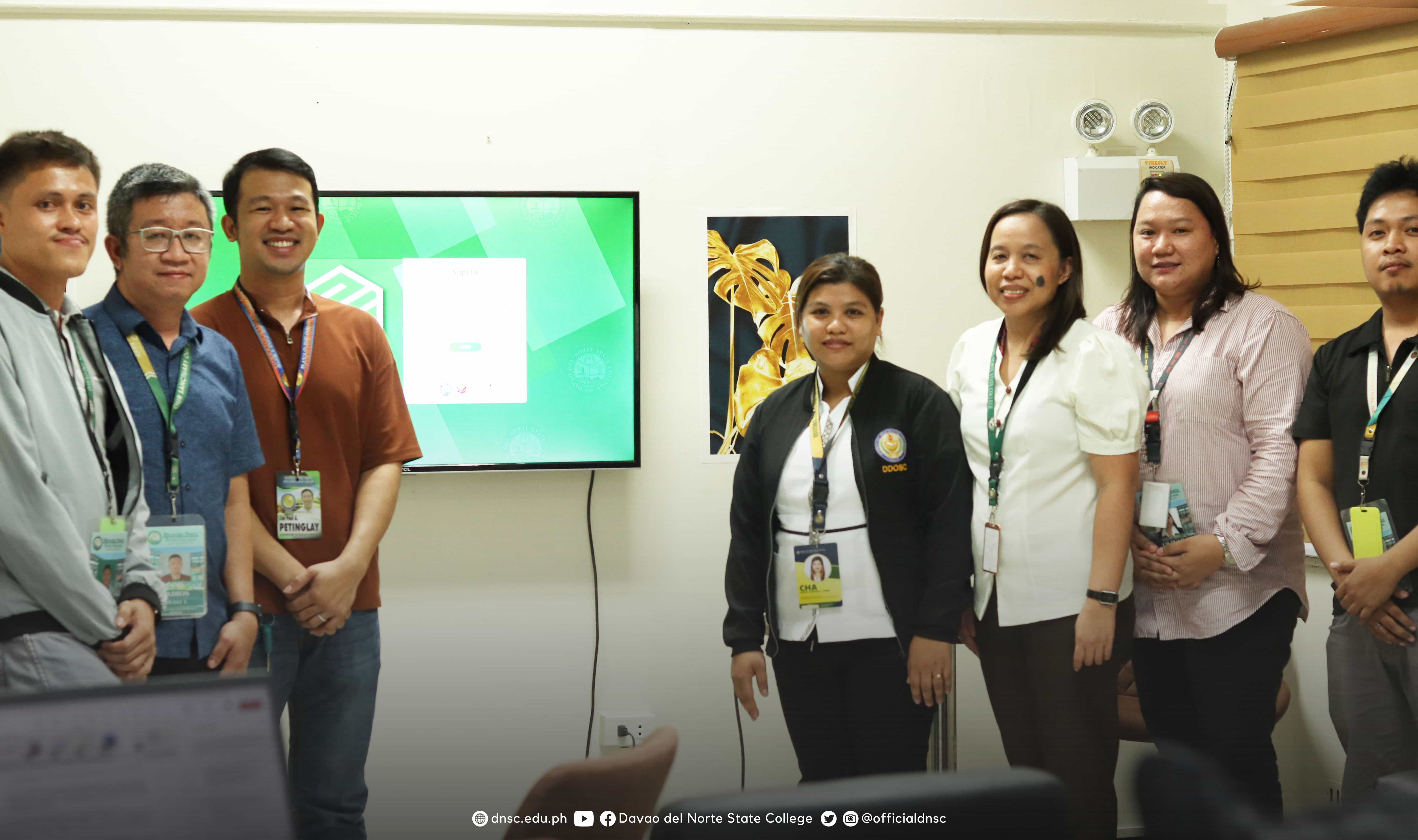 From left to right) In-house Programmer Jan Florenz, Information Technology Officer I Ian Jay Padios, Information Technology Officer I Jim Paul A. Petinglay, Information System Analyst I Maria Chariza C. Perez, Vice-President for Administration and Finance Reir Erlinda Cutad, Information System Analyst Gretchen Olivar, and In-house Programmer Ryan Rubiano.