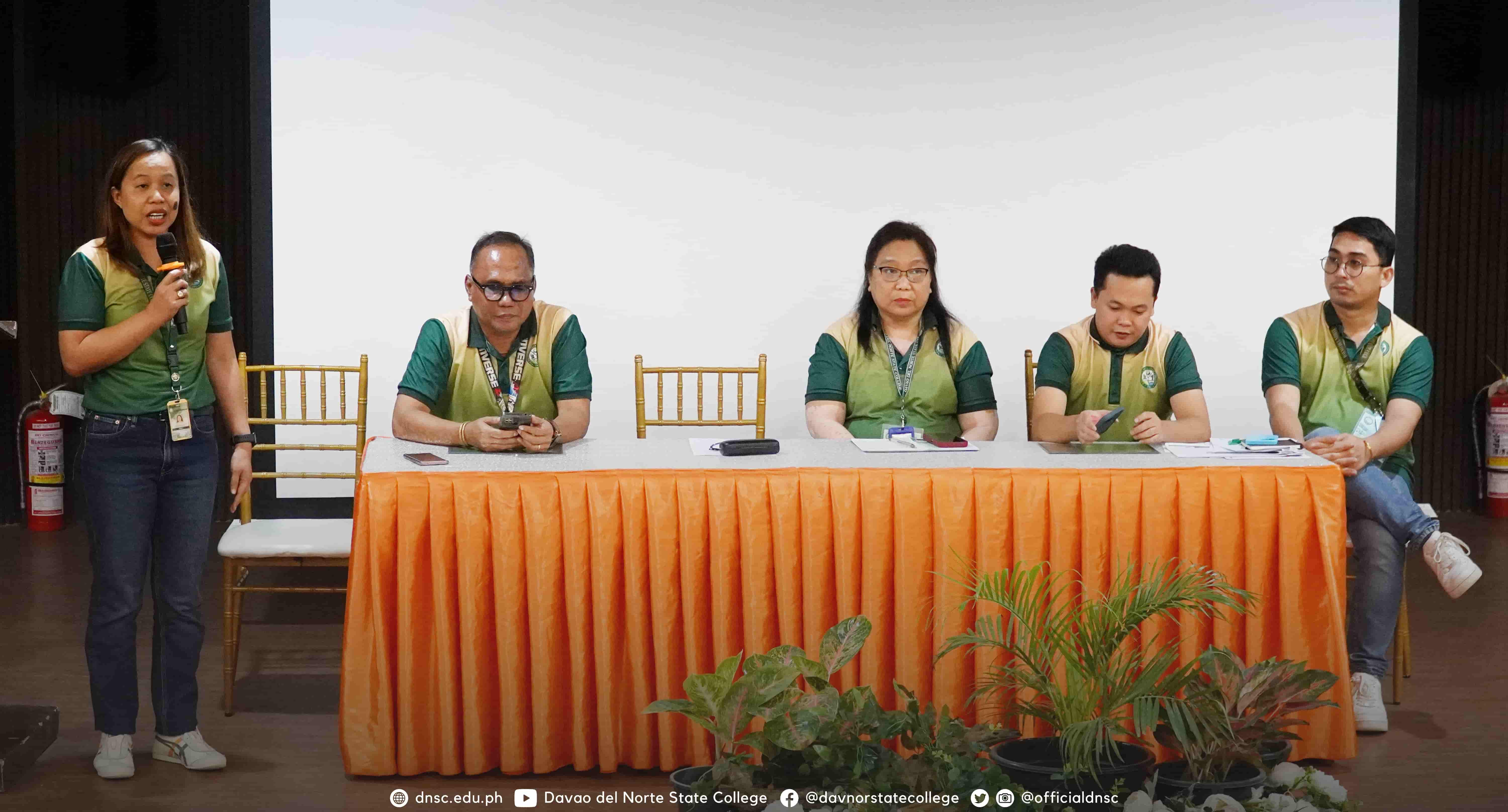 (Standing) Vice President for Administration and Finance, Dr. Reir Erlinda E. Cutad; (L-R) Procurement Service Head, Engr. Rogelio O. Flores, Jr.; Supply Office Head, Jinnah T. Enumerables; Finance Director, Rhaymart Joe O. Gella; College Accountant, Mark Leste Navales. Photo by Randy Magayon, DNSC PIO.