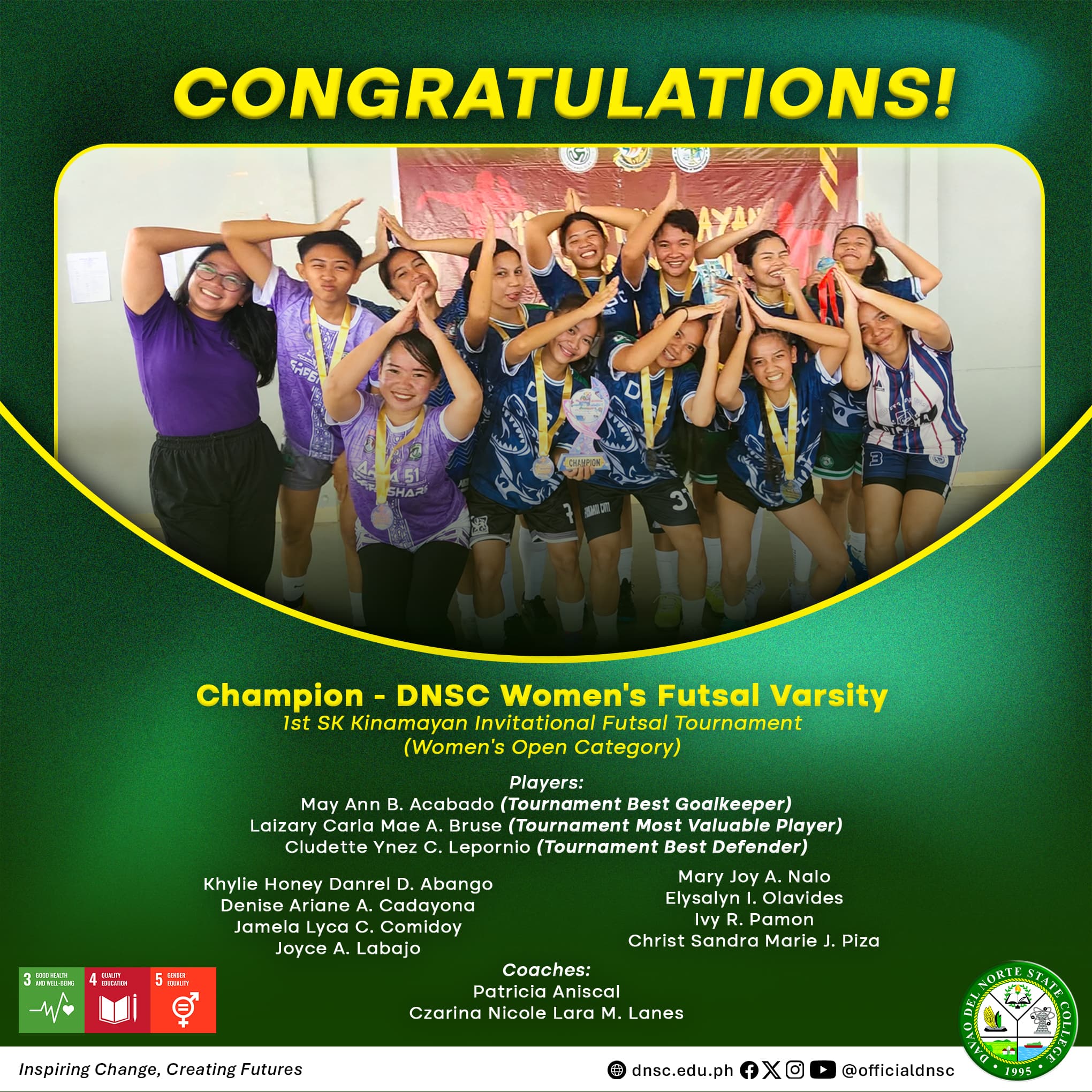 DNSC Futsal Varsity Team claims women’s open title in SK Kinamayan Invitational