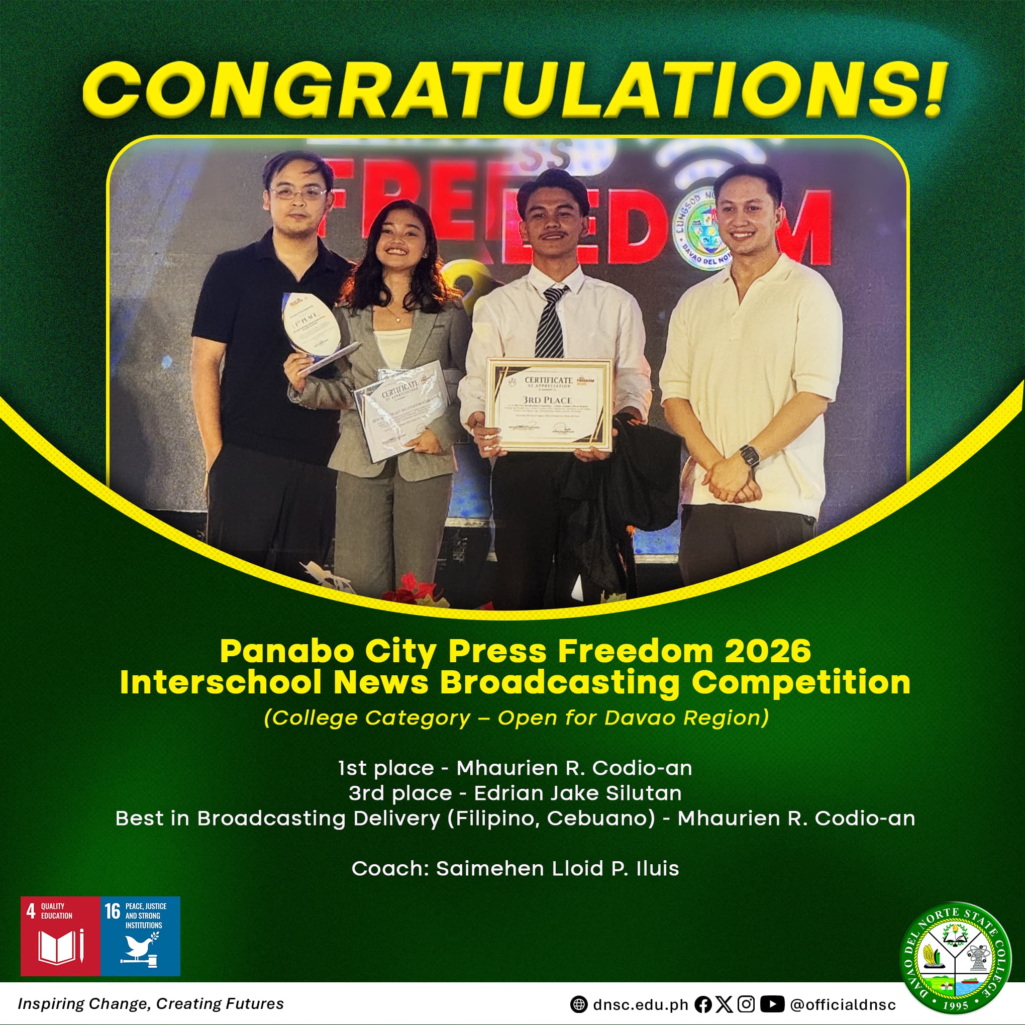 DNSC broadcasters clinch top spots in Panabo City Press Freedom 2026