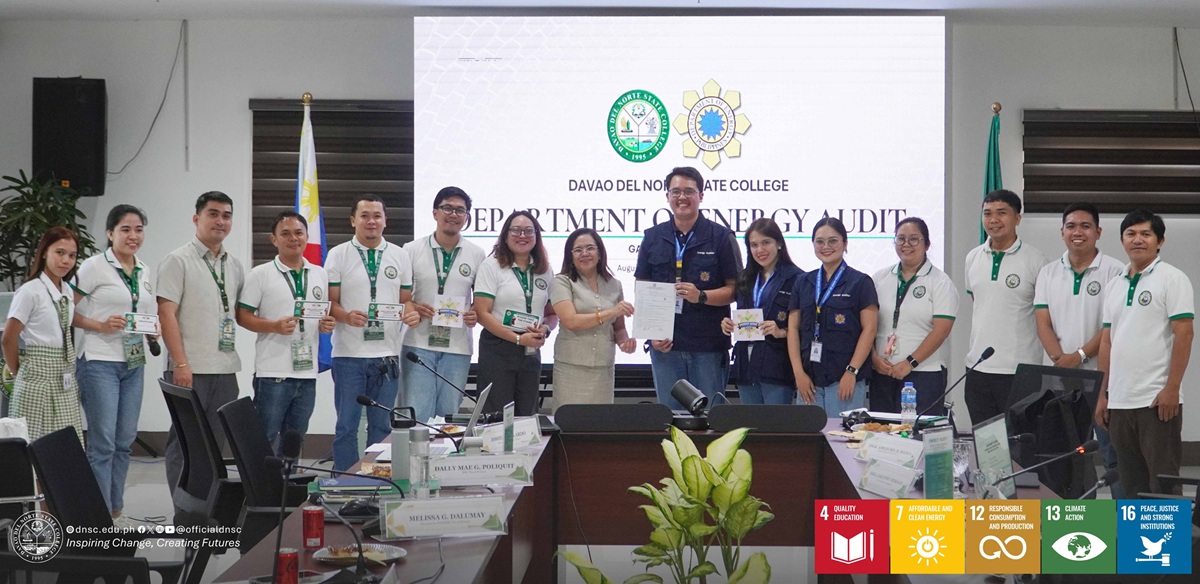 Davao del Norte State College earned a 5-star rating with a Grade A and a 99% score in the Preliminary Energy Audit conducted by the Department of Energy (DOE) 